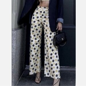 ZARA Floral Wide Leg Pants US 4 EU 36 Marine Straight Daisy Print High Rise